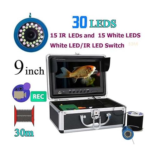  Underwater Fishing Camera, Waterproof Camera Underwater 9in LCD Monitor Fishing Camera High Definition 1000TVL 30m Cable 15pcs Infrared Lights