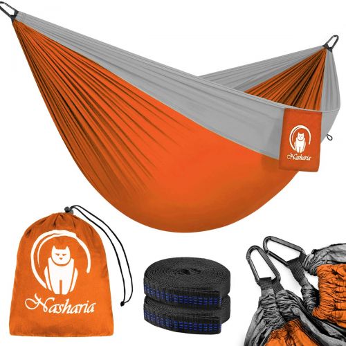  [아마존 핫딜]  [아마존핫딜]Nasharia Reise Camping Hangematte - 275 x 140 cm Atmungsaktiv, Schnelltrocknendes 210T Nylon Spinning - Fallschirmmaterial - 2 x Premium Karabiner, 2 x Nylon-Schlingen | Fuer Outdoo