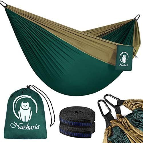  Nasharia Hangematte Outdoor, 2 Personen Outdoor Hammock 300KG Tragkraft 275 * 140 cm, Reisehangematte Ultraleicht Atmungsaktiver Hangematte Nylon Fallschirm fuer Outdoor Camping, Ga