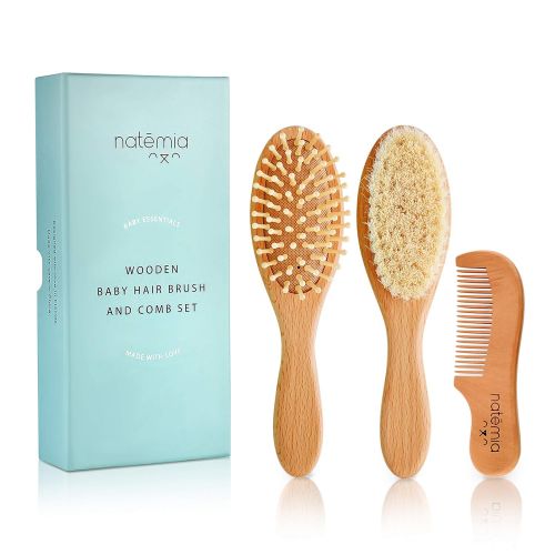  [아마존베스트]Natemia Premium Wooden Baby Hair Brush and Comb Set  Natural Soft Bristles  Ideal for Cradle Cap -...