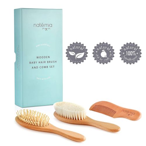  [아마존베스트]Natemia Premium Wooden Baby Hair Brush and Comb Set  Natural Soft Bristles  Ideal for Cradle Cap -...