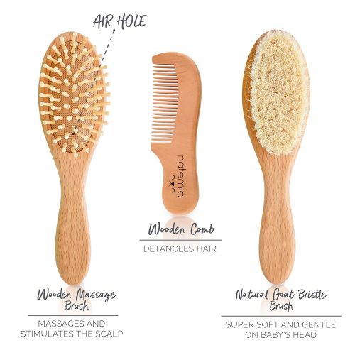  [아마존베스트]Natemia Premium Wooden Baby Hair Brush and Comb Set  Natural Soft Bristles  Ideal for Cradle Cap -...