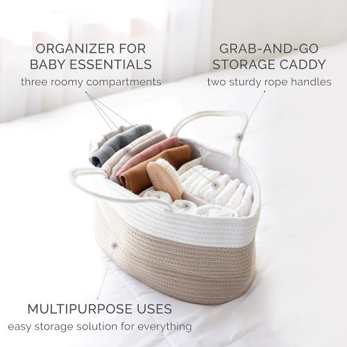  Natemia Rope Diaper Caddy Organizer│Large Portable Nursery Storage Bin and Car Travel Organizer│Tote Bag with Dividers for Diapers & Wipes with Sturdy Handles