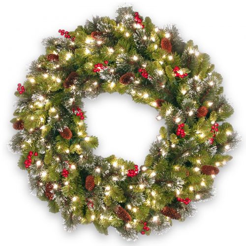  National Tree 36 Crestwood Spruce Wreath with Silver Bristle, Cones, Red Berries and Glitter with 200 Clear Lights