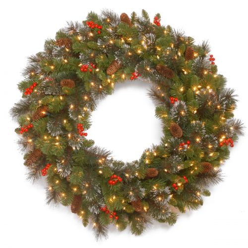  National Tree 36 Crestwood Spruce Wreath with Silver Bristle, Cones, Red Berries and Glitter with 200 Clear Lights