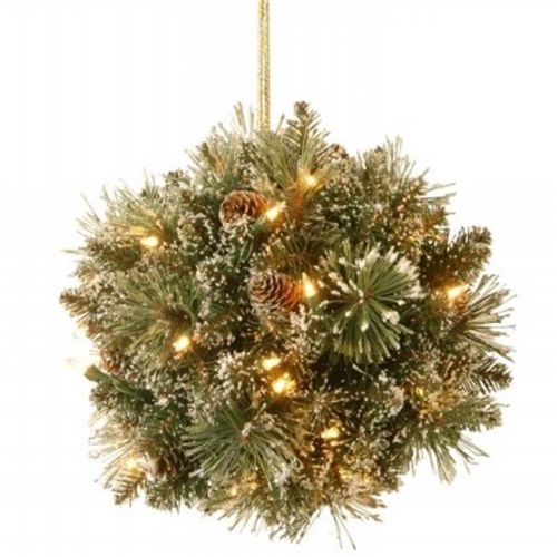  National Tree 12 Glittery Bristle Pine Kissing Ball with Pine Cones and 35 Warm White LED Battery Operated Lights with Timer