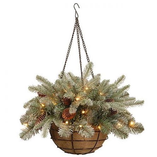  National Tree 20 Feel Real Frosted Arctic Spruce Hanging Basket with Cones and 35 Warm White Battery Operated LED Lights with Timer