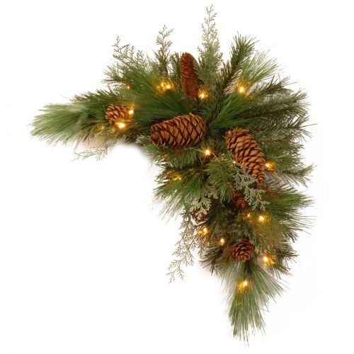  National Tree 30 Decorative Collection White Pine Corner Swag with 63 Soft white and Red LED Battery Operated Lights