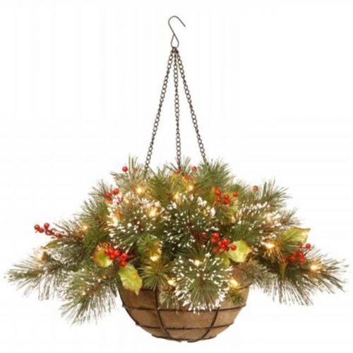  National Tree 20 Wintry Pine Hanging Basket with 11 Cones and 35 Warm White Battery Operated LED Lights