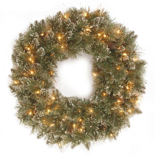  National Tree 24 Glittery Bristle Pine Wreath with 50 Clear Lights