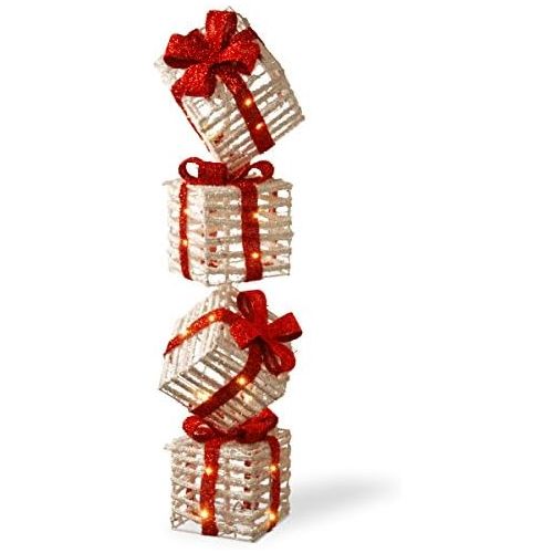  National Tree Company National Tree 33 White Plastic Rattan Giftbox Tower with 35 Micro Warm White Battery Operated LED Lights (MZC-799)