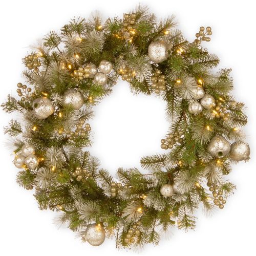  National Tree Company National Tree 24 Inch Glittery Pomegranate Pine Wreath with Sliver Pomegranate, Champagne Berries, White Frosted Tips and 50 Battery Operated Warm White LED Lights with Timer (GTP1