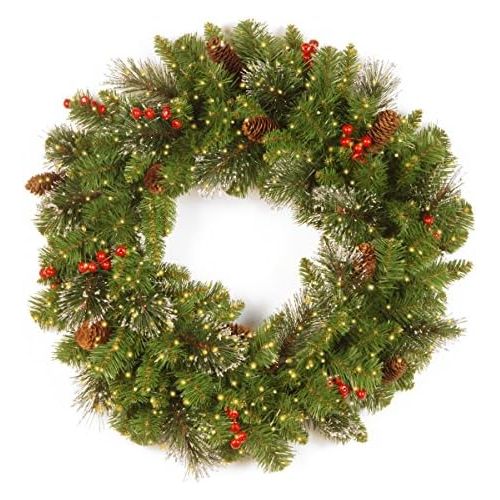  National Tree Company National Tree 24 Inch Crestwood Spruce Wreath with Cones, Glitter, Red Berries, Silver Bristle and 250 Battery Operated Infinity Lights (CW7-383Y-24W-B)