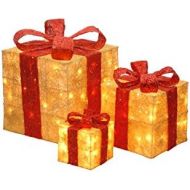 National Tree Company National Tree Set of 3 Assorted Gold Sisal Gift Boxes with Red Bow and Clear Lights (MZGB-ASST-13L-1)