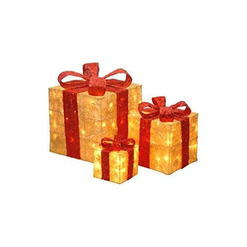  National Tree Company National Tree Set of 3 Assorted Gold Sisal Gift Boxes with Red Bow and Clear Lights (MZGB-ASST-13L-1)