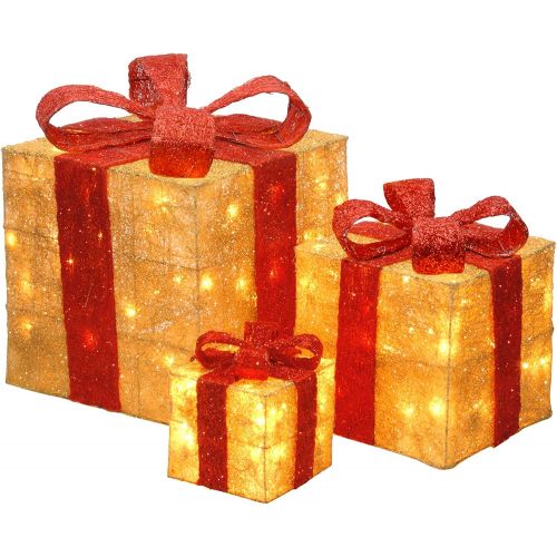  National Tree Company National Tree Set of 3 Assorted Gold Sisal Gift Boxes with Red Bow and Clear Lights (MZGB-ASST-13L-1)