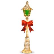 National Tree Company National Tree 60 Inch Gold Wire Lamp Post with Red Bow and 85 Clear Outdoor Lights (MZLP-60BL)