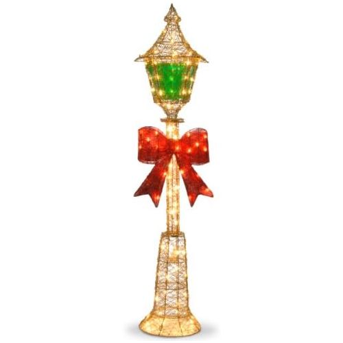  National Tree Company National Tree 60 Inch Gold Wire Lamp Post with Red Bow and 85 Clear Outdoor Lights (MZLP-60BL)