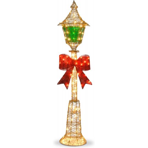  National Tree Company National Tree 60 Inch Gold Wire Lamp Post with Red Bow and 85 Clear Outdoor Lights (MZLP-60BL)