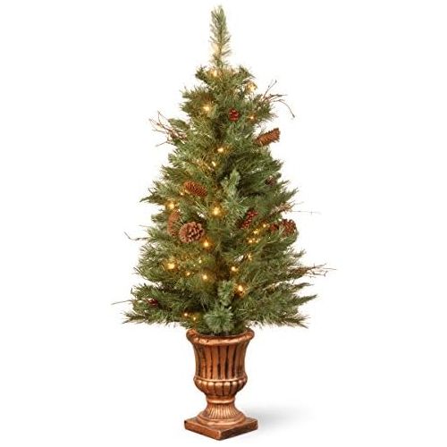  National Tree Company National Tree 4 Foot Glistening Pine Entrance Tree with Berries, Cones, Twigs and 50 Clear Lights in Gold Urn (GN19-306-40)