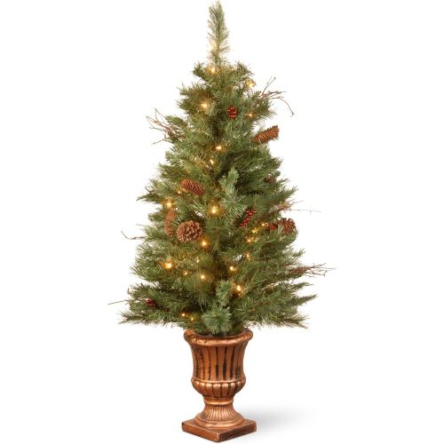  National Tree Company National Tree 4 Foot Glistening Pine Entrance Tree with Berries, Cones, Twigs and 50 Clear Lights in Gold Urn (GN19-306-40)