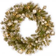 National Tree Company National Tree 30 Inch Glittery Pomegranate Pine Wreath with Silver Pomegranate, Champagne Berries, White Frosted Tips and 70 Battery Operated Warm White LED Lights with Timer (GTP1