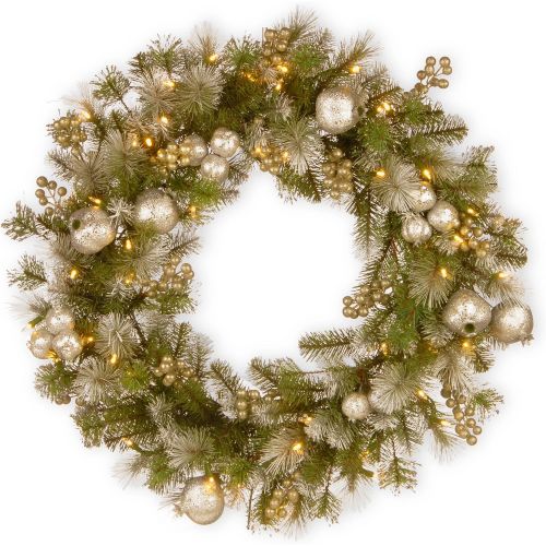  National Tree Company National Tree 30 Inch Glittery Pomegranate Pine Wreath with Silver Pomegranate, Champagne Berries, White Frosted Tips and 70 Battery Operated Warm White LED Lights with Timer (GTP1