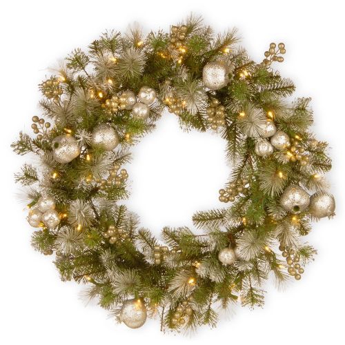  National Tree Company National Tree 30 Inch Glittery Pomegranate Pine Wreath with Silver Pomegranate, Champagne Berries, White Frosted Tips and 70 Battery Operated Warm White LED Lights with Timer (GTP1