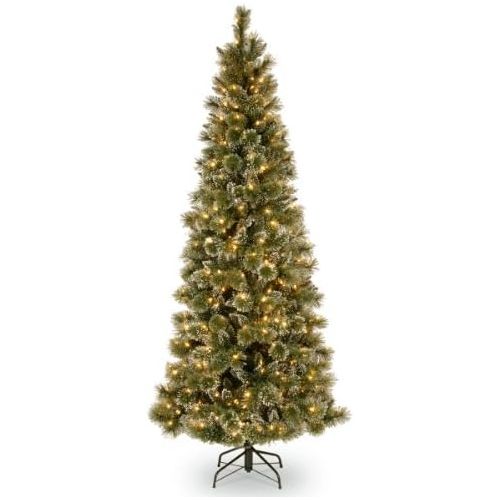  National Tree Company National Tree 7.5 Foot Glittery Bristle Pine Slim Tree with White Tipped Cones and 500 Clear Lights, Hinged (GB3-304-75)