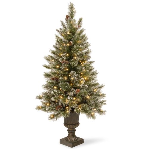  National Tree Company National Tree 4 Foot Glittery Bristle Pine Entrance Tree with White Tipped Cones, Glitter and 100 Clear Lights in Decorative Urn (GB3-306-40)