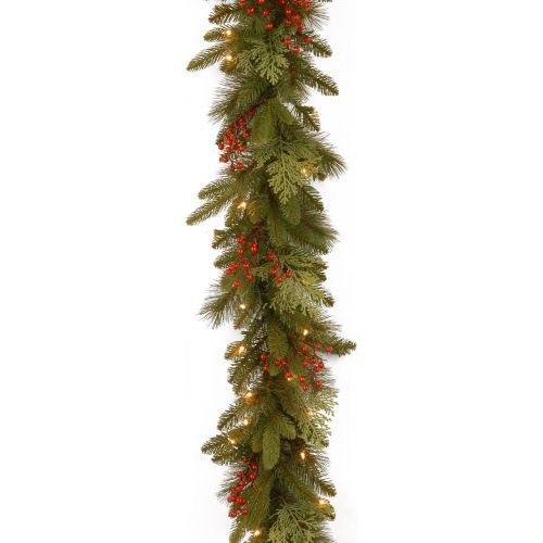  National Tree Company National Tree 9 Foot by 12 Inch Feel Real Classical Collection Garland with Cedar Leaves, Red Berries and 100 Clear Lights (PECC3-300-9B-1)