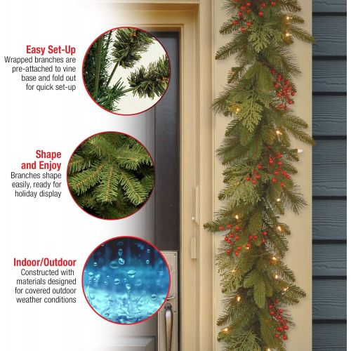  National Tree Company National Tree 9 Foot by 12 Inch Feel Real Classical Collection Garland with Cedar Leaves, Red Berries and 100 Clear Lights (PECC3-300-9B-1)