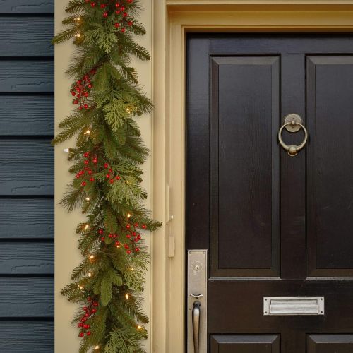  National Tree Company National Tree 9 Foot by 12 Inch Feel Real Classical Collection Garland with Cedar Leaves, Red Berries and 100 Clear Lights (PECC3-300-9B-1)