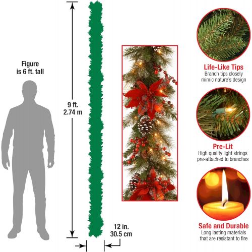  National Tree Company National Tree 24 Inch Decorative Collection Tartan Plaid Wreath with Cones, Red Berries, Poinsettias and 50 Battery Operated Soft White LED Lights with Timer (DC13-147-24WB-1)