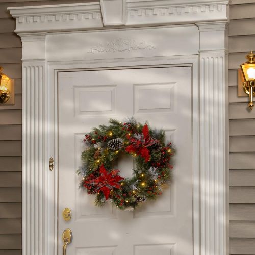  National Tree Company National Tree 24 Inch Decorative Collection Tartan Plaid Wreath with Cones, Red Berries, Poinsettias and 50 Battery Operated Soft White LED Lights with Timer (DC13-147-24WB-1)