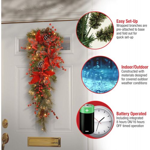  National Tree Company National Tree 24 Inch Decorative Collection Tartan Plaid Wreath with Cones, Red Berries, Poinsettias and 50 Battery Operated Soft White LED Lights with Timer (DC13-147-24WB-1)