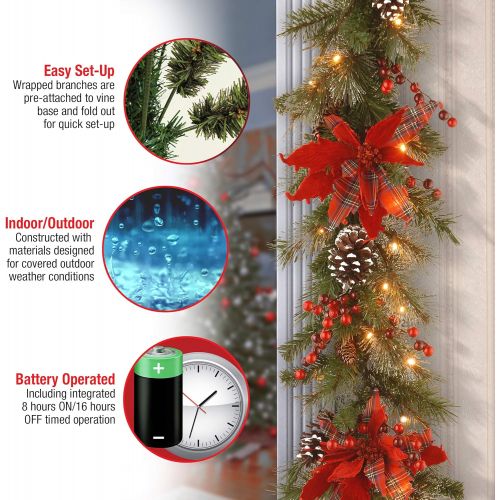  National Tree Company National Tree 24 Inch Decorative Collection Tartan Plaid Wreath with Cones, Red Berries, Poinsettias and 50 Battery Operated Soft White LED Lights with Timer (DC13-147-24WB-1)