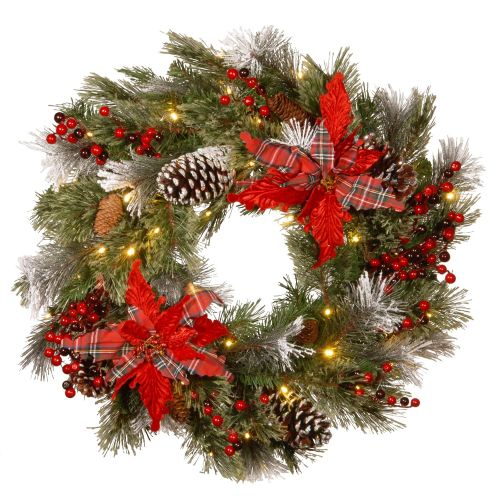  National Tree Company National Tree 24 Inch Decorative Collection Tartan Plaid Wreath with Cones, Red Berries, Poinsettias and 50 Battery Operated Soft White LED Lights with Timer (DC13-147-24WB-1)