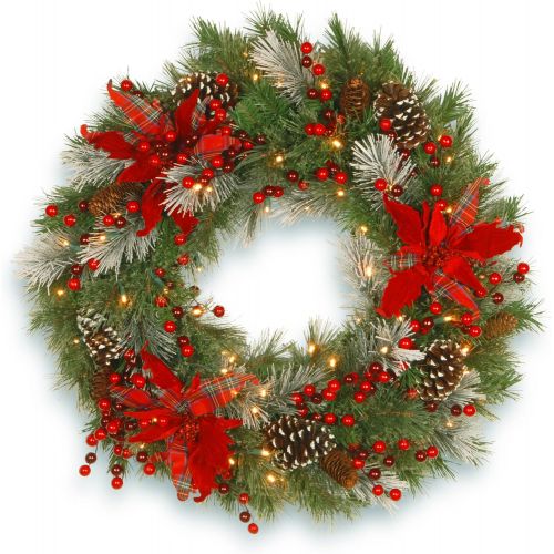  National Tree Company National Tree 24 Inch Decorative Collection Tartan Plaid Wreath with Cones, Red Berries, Poinsettias and 50 Battery Operated Soft White LED Lights with Timer (DC13-147-24WB-1)