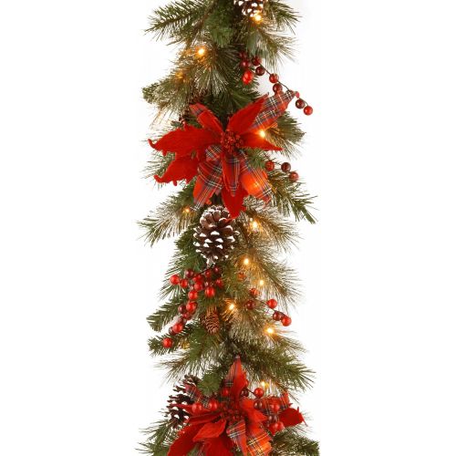  National Tree Company National Tree 24 Inch Decorative Collection Tartan Plaid Wreath with Cones, Red Berries, Poinsettias and 50 Battery Operated Soft White LED Lights with Timer (DC13-147-24WB-1)