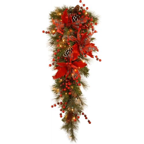  National Tree Company National Tree Spruce 30 Inch Decorative Collection Tartan Plaid Wreath with Red Berries and 100 Battery Operated Warm White LED Lights with Timer (DC13-147-30WB)