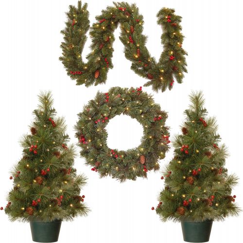  National Tree Company National Tree Holiday Decorating Assortment with 2 3 Foot Entrance Trees, 1 9 Foot by 8 Inch Garland and 1 24 Inch Wreath all with Warm White Battery Operated LED Lights (ED7-PRO-A