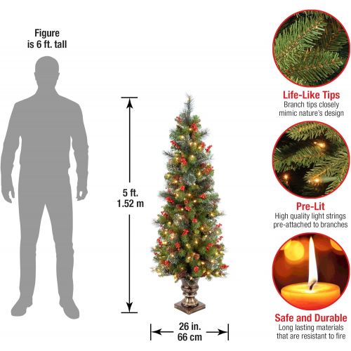  National Tree Company National Tree 4 Foot Crestwood Spruce Entrance Tree with Cones, Glitter, Red Berries, Silver Bristle and 100 Clear Lights in Decorative Urn (CW7-306-40)