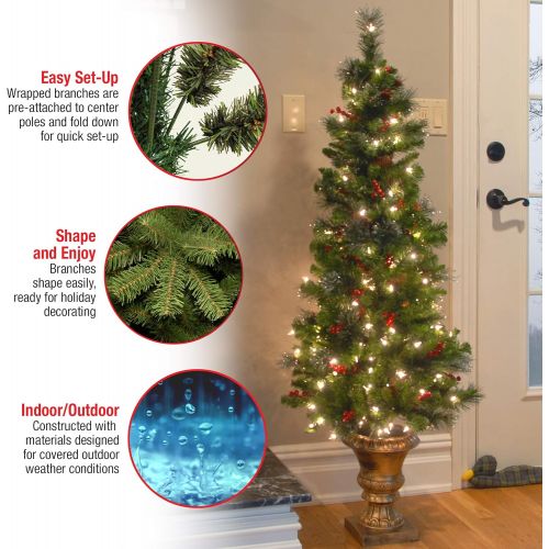  National Tree Company National Tree 4 Foot Crestwood Spruce Entrance Tree with Cones, Glitter, Red Berries, Silver Bristle and 100 Clear Lights in Decorative Urn (CW7-306-40)