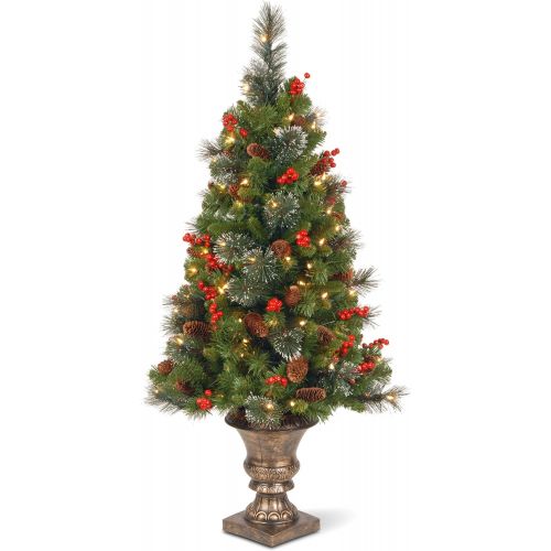  National Tree Company National Tree 4 Foot Crestwood Spruce Entrance Tree with Cones, Glitter, Red Berries, Silver Bristle and 100 Clear Lights in Decorative Urn (CW7-306-40)