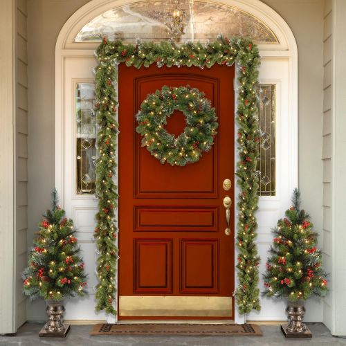  National Tree Company National Tree 4 Foot Crestwood Spruce Entrance Tree with Cones, Glitter, Red Berries, Silver Bristle and 100 Clear Lights in Decorative Urn (CW7-306-40)