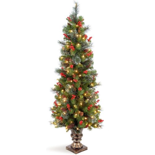  National Tree Company National Tree 4 Foot Crestwood Spruce Entrance Tree with Cones, Glitter, Red Berries, Silver Bristle and 100 Clear Lights in Decorative Urn (CW7-306-40)