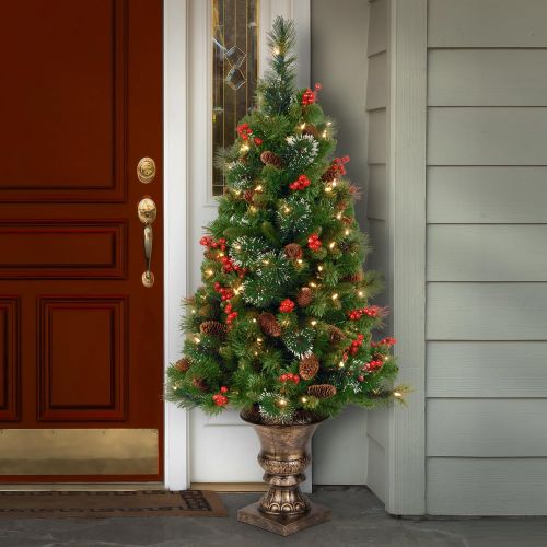  National Tree Company National Tree 4 Foot Crestwood Spruce Entrance Tree with Cones, Glitter, Red Berries, Silver Bristle and 100 Clear Lights in Decorative Urn (CW7-306-40)