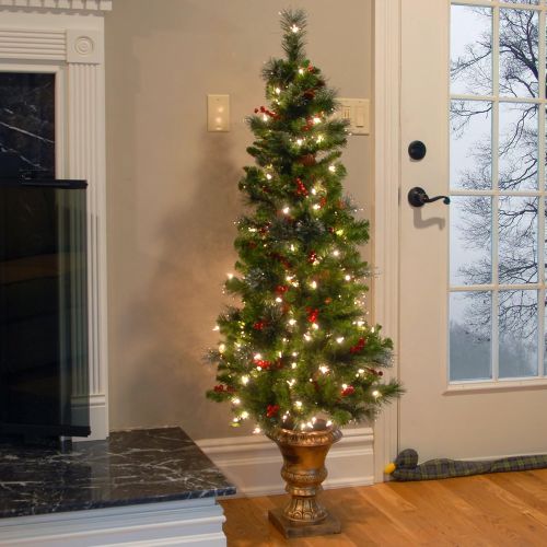  National Tree Company National Tree 4 Foot Crestwood Spruce Entrance Tree with Cones, Glitter, Red Berries, Silver Bristle and 100 Clear Lights in Decorative Urn (CW7-306-40)