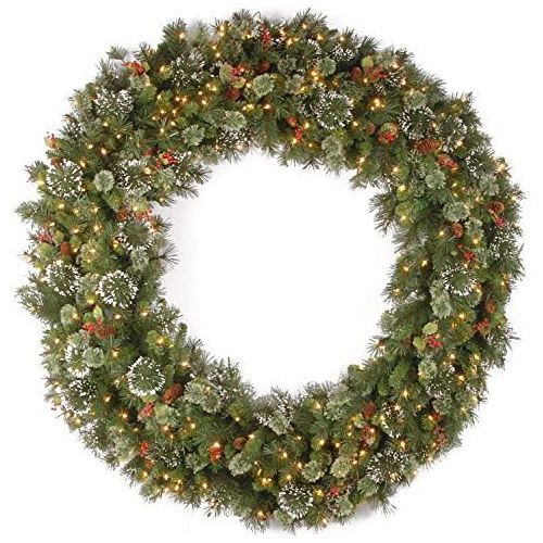  National Tree Company National Tree 60 Inch Wintry Pine Wreath with Cones, Red Berries, Snowflakes and 300 Clear Lights (WP1-300-60W)